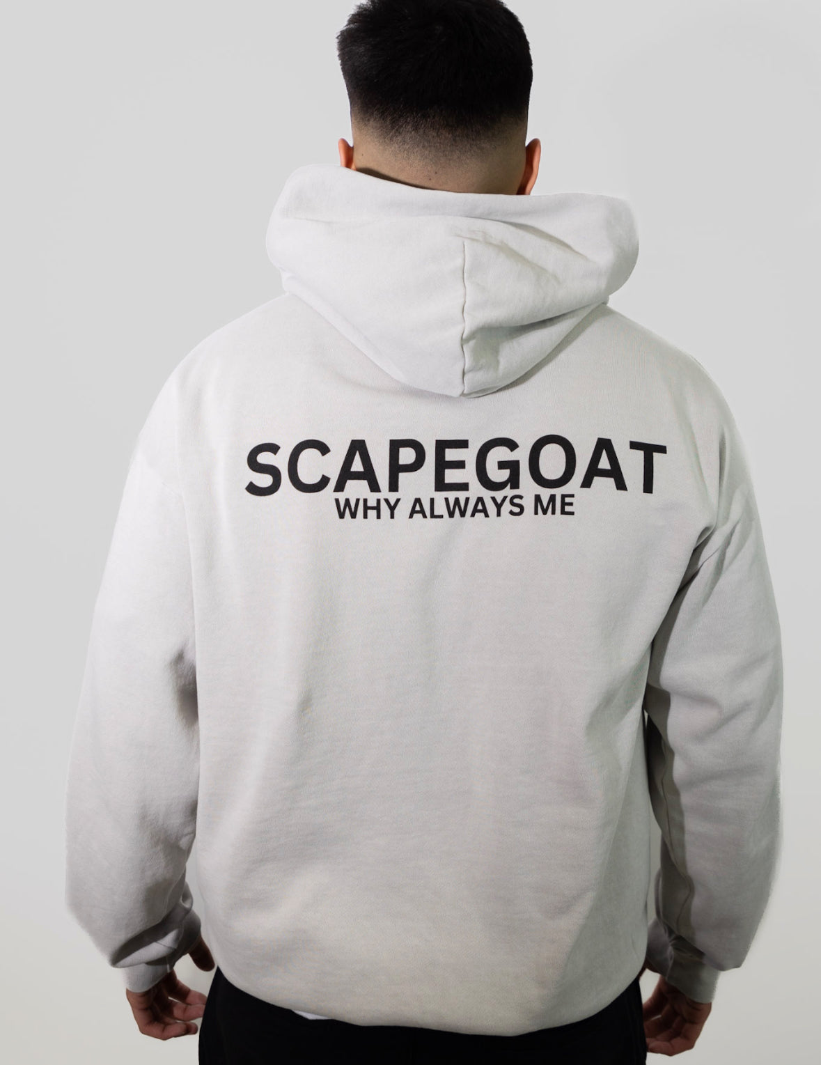 SCAPEGOAT WHY ALWAYS ME LIGHT GRAY HOODIE